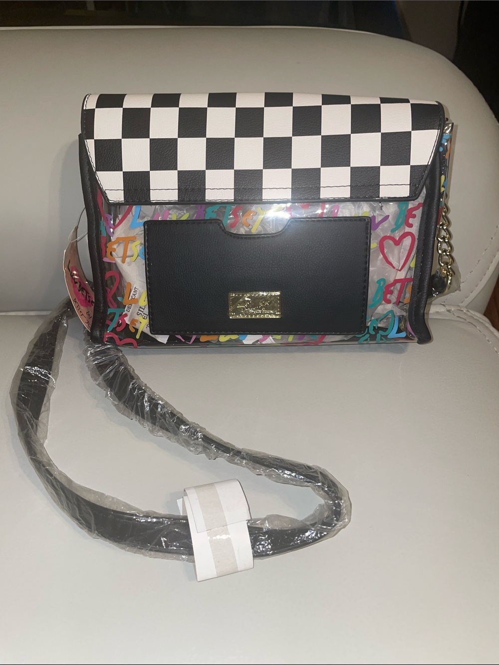 Betsey Johnson Black Checkerboard Clear Crossbody with Multicolor Graffiti